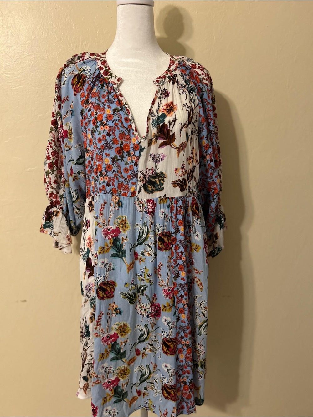 Umgee Light Blue & Cream Floral Patchwork Midi Dress